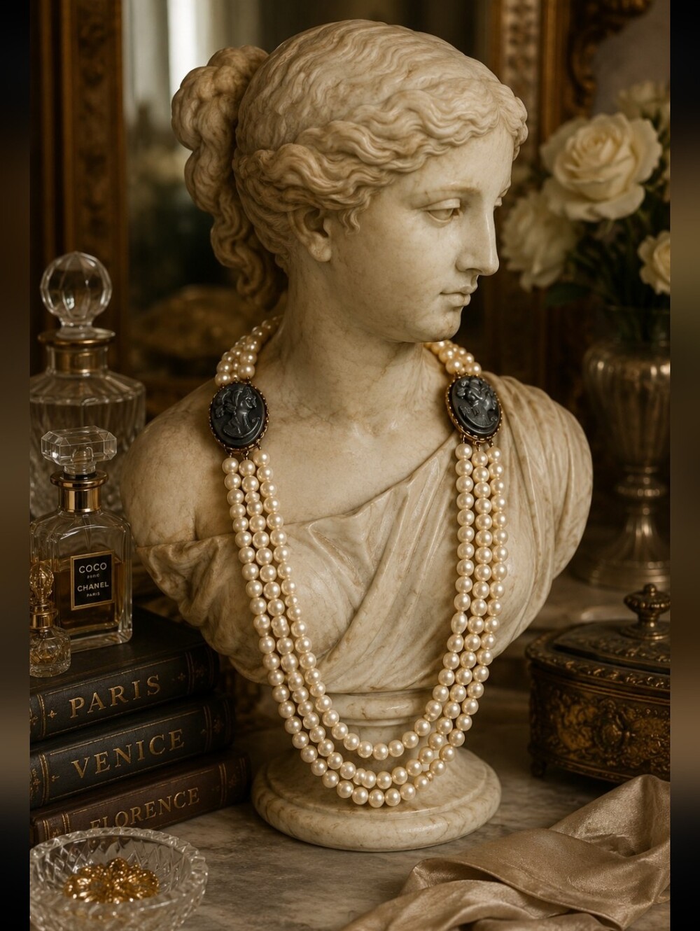 Vintage 3-Strand Faux Pearl Cameo Necklace & Bracelet Set Black Glass Cameo